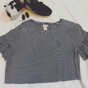 Black and white striped bell-sleeved long top